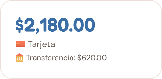 Tarjeta y transferencia: $2,180.00