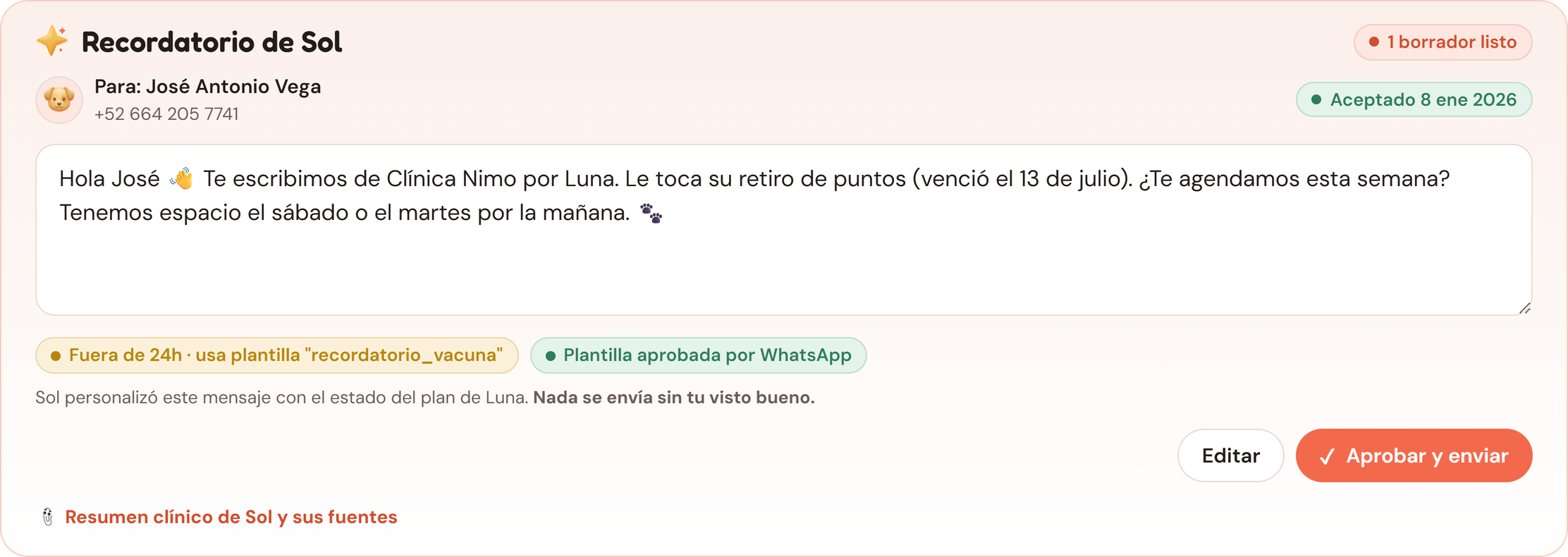 Borrador de WhatsApp que Sol redactó para el dueño de Luna, con los botones de editar y aprobar