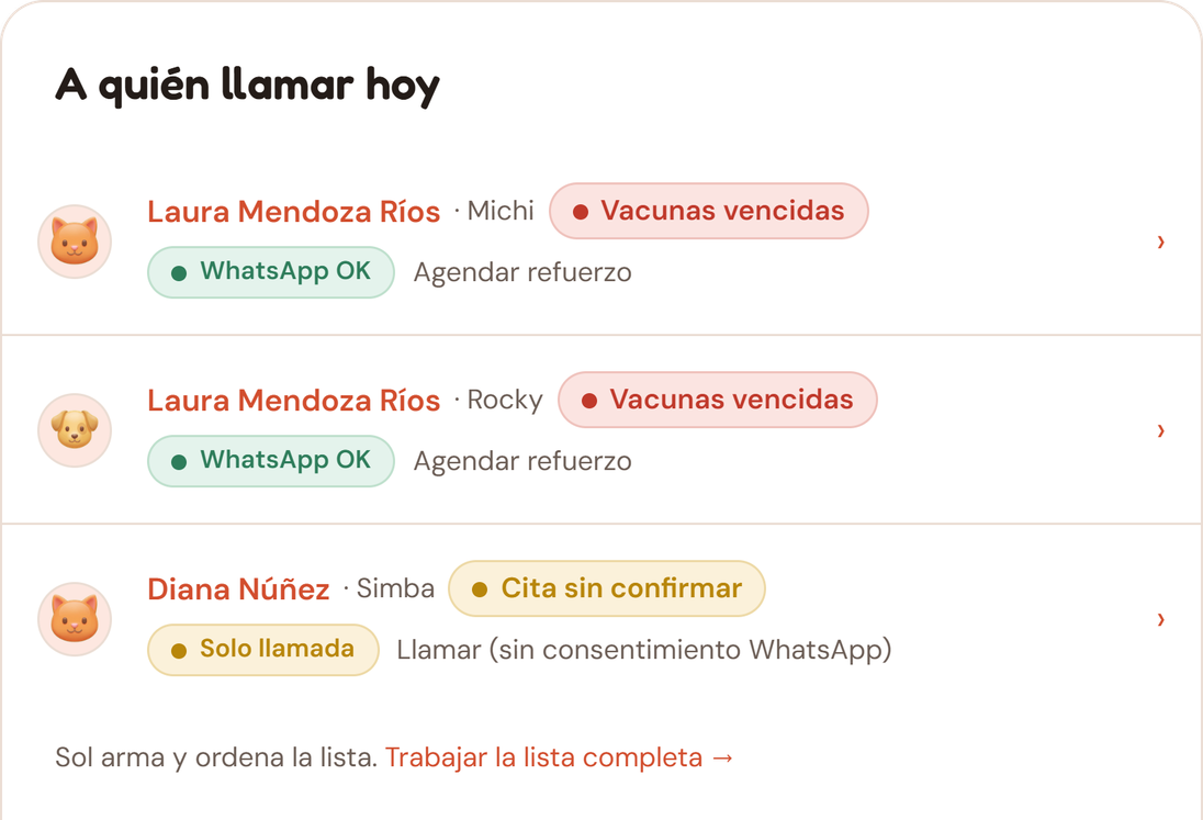 Panel A quién llamar hoy con la lista que Sol preparó: vacunas vencidas y una cita sin confirmar