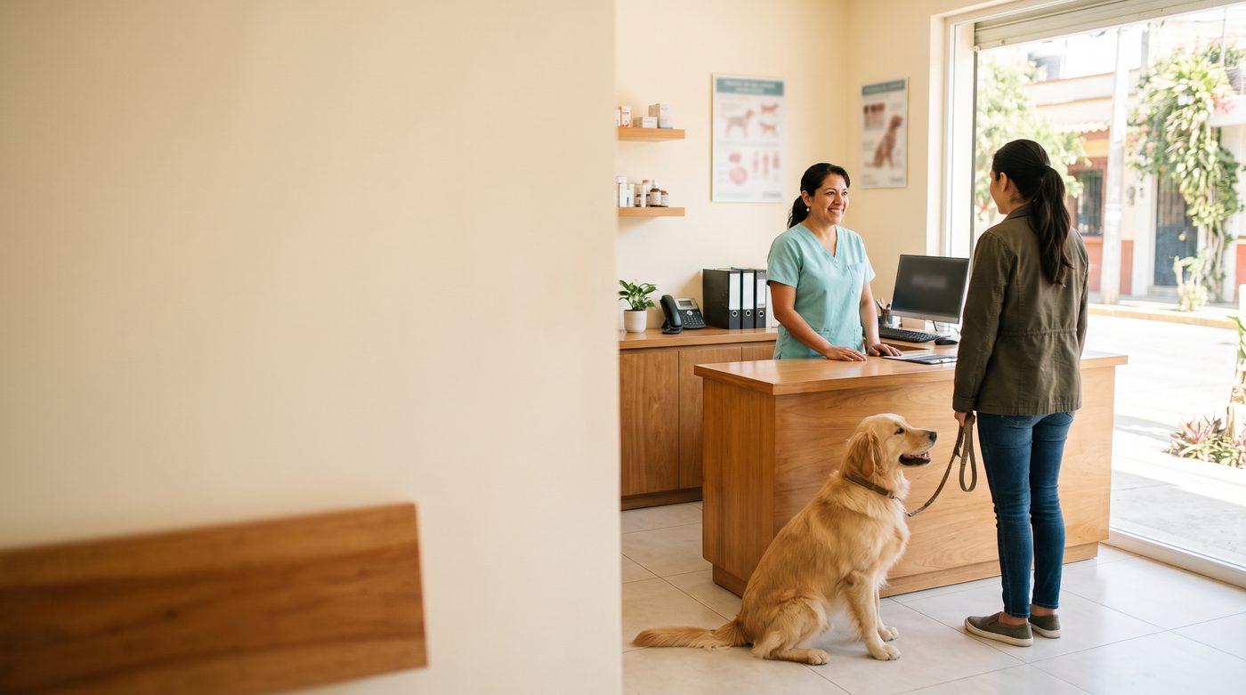 Una recepcionista veterinaria recibe a una clienta y a su golden retriever en el mostrador de la clínica