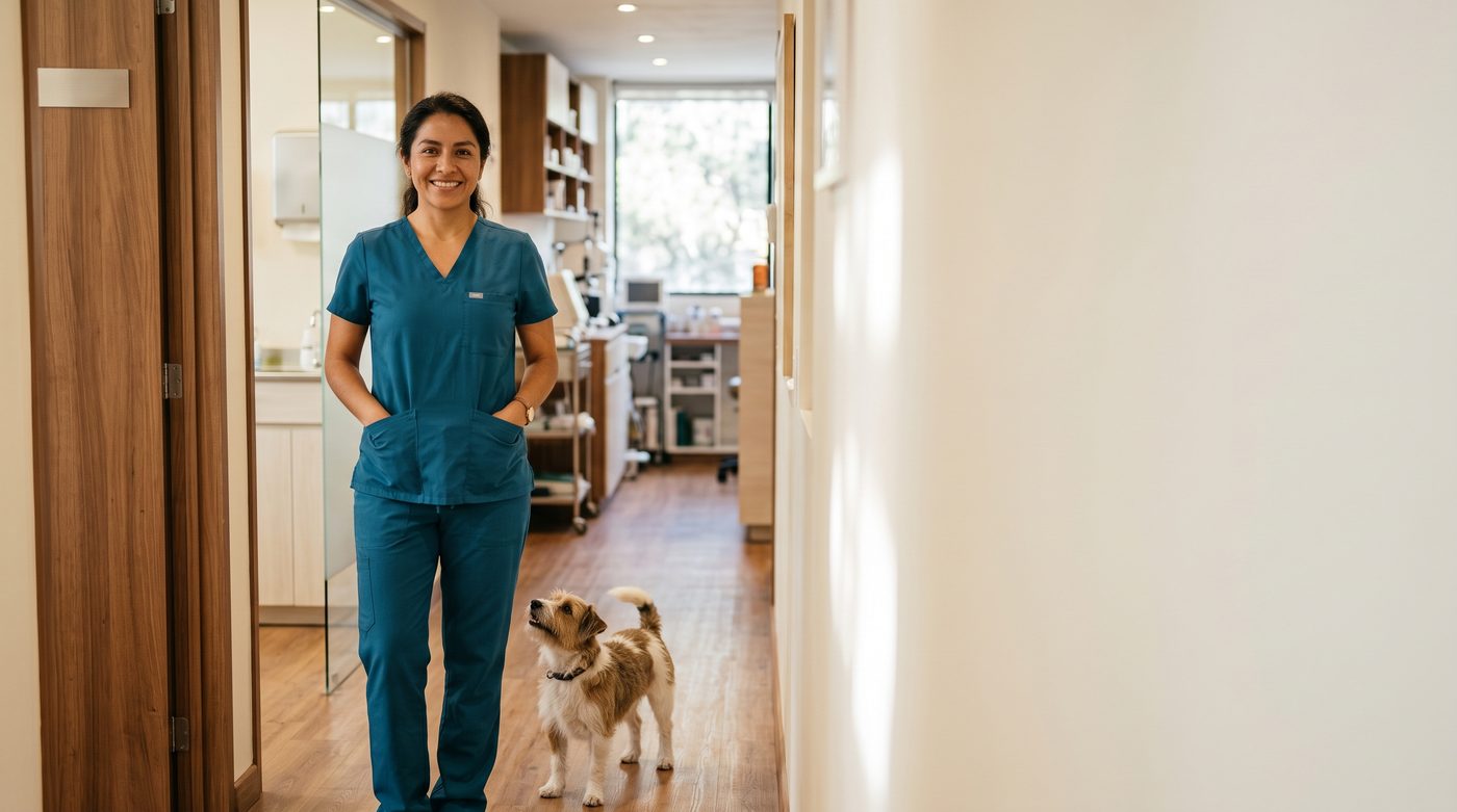 La dueña de una clínica veterinaria sonríe en el pasillo, con un perro pequeño a sus pies