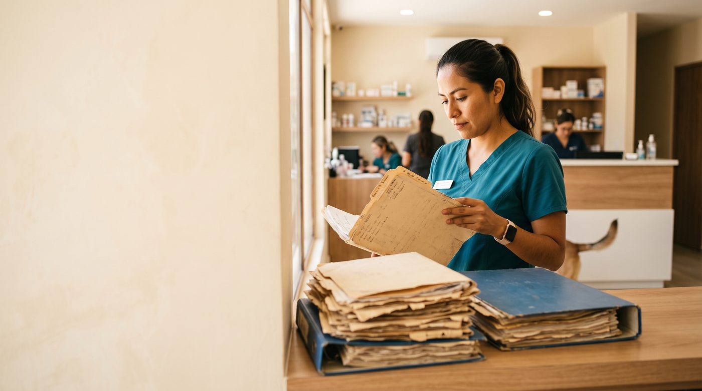 Una asistente veterinaria revisa expedientes de papel apilados sobre el mostrador de la clínica