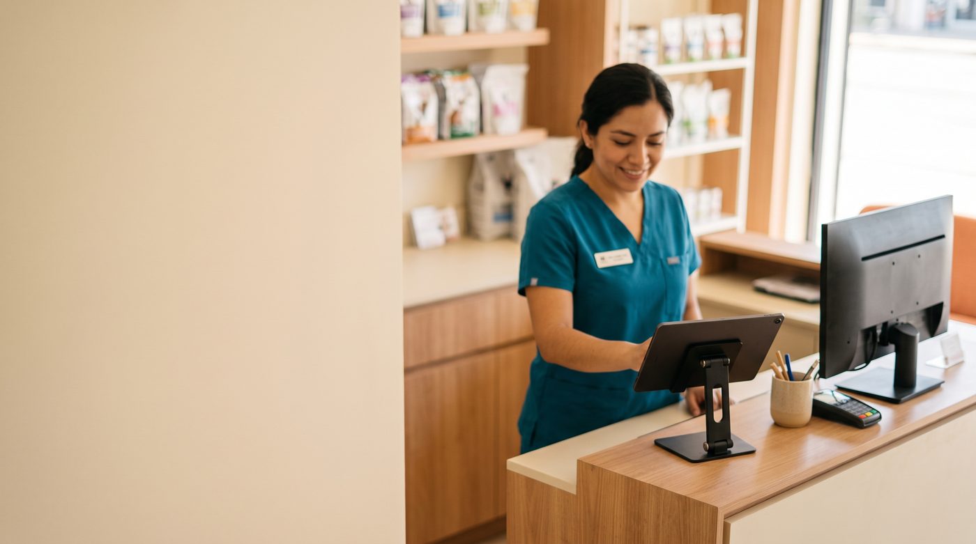Una veterinaria usa una tablet montada en el mostrador de la clínica, junto al monitor de recepción