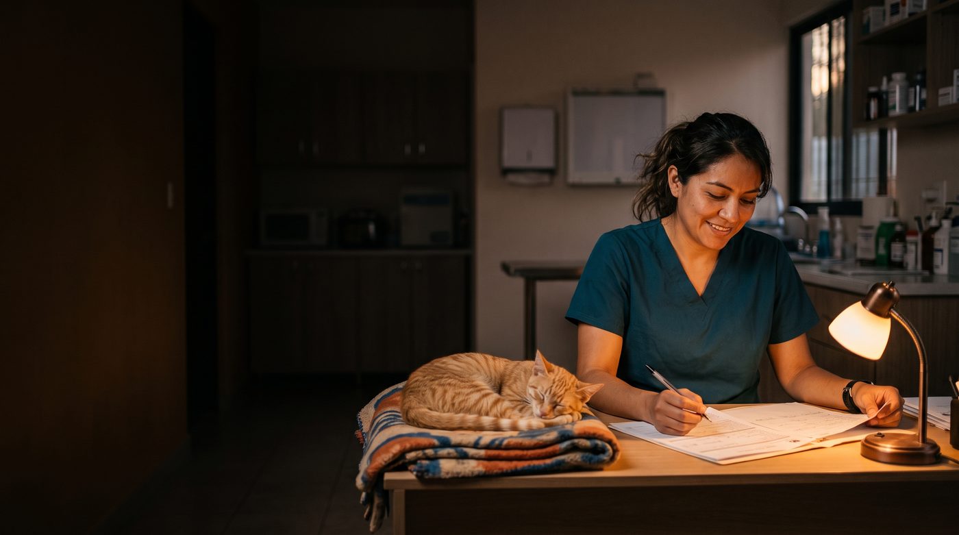 Una veterinaria revisa expedientes en su escritorio al caer la tarde, con un gato dormido a su lado