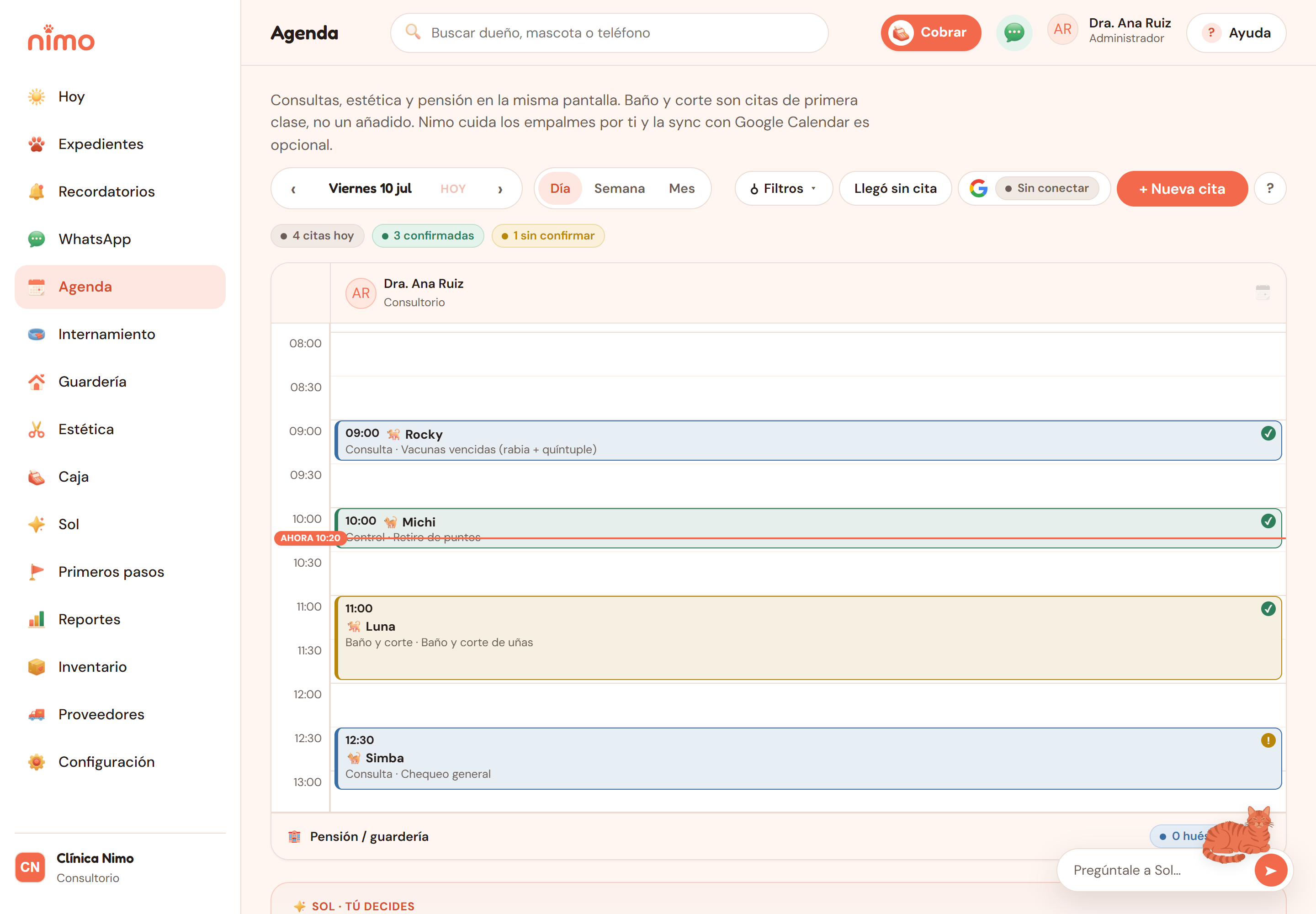 Agenda de Nimo con citas, estética y pensión en un mismo calendario