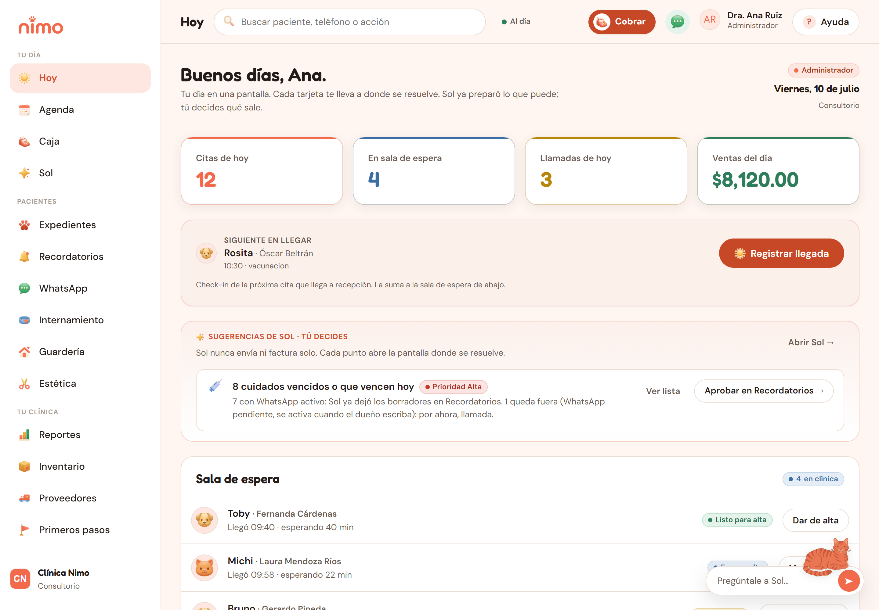 Pantalla Hoy de Nimo: 12 citas del día, 4 mascotas en sala de espera, las llamadas que Sol preparó y el corte de caja