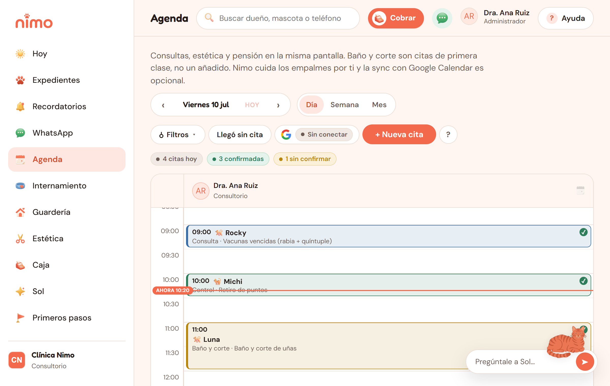 Agenda de Nimo con citas, estética y pensión en un mismo calendario