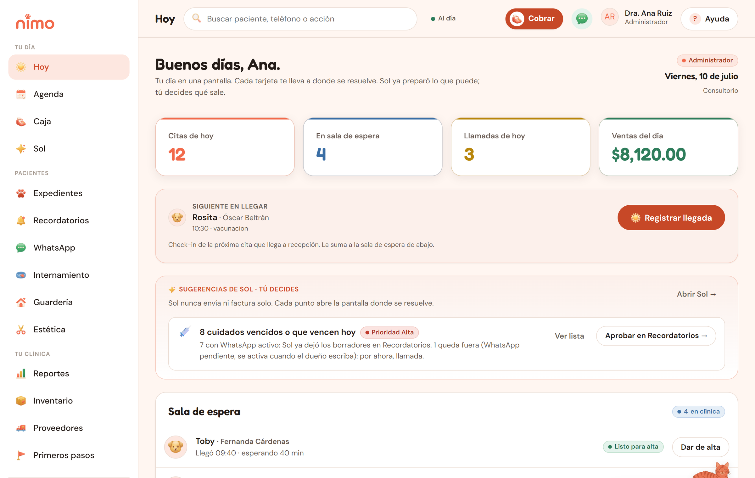 Pantalla de inicio de Nimo con las citas del día, la sala de espera y los recordatorios por aprobar